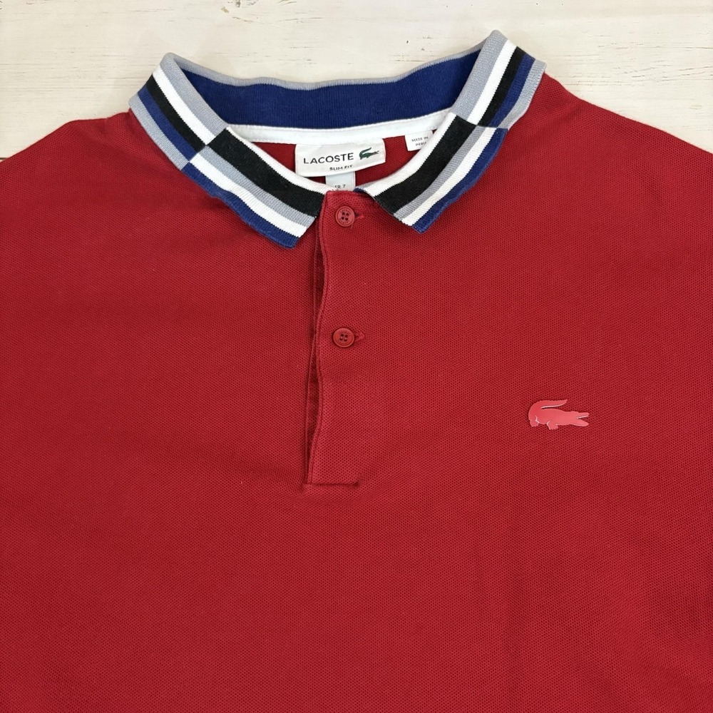 Lacoste Slim Fit Polo Shirt Mens 2XL Red Contrast Collar Knit Short Sleeve Peru